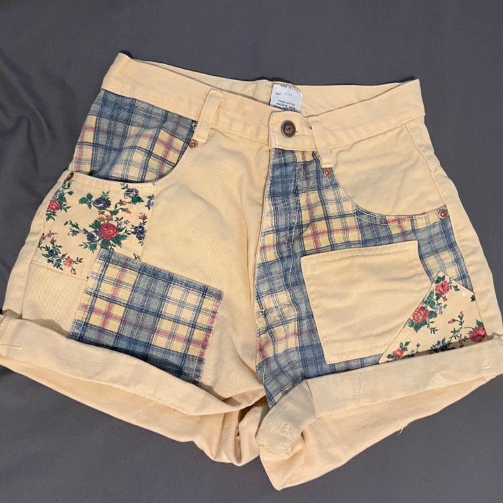 Yellow Patterned High Waisted Jean Shorts